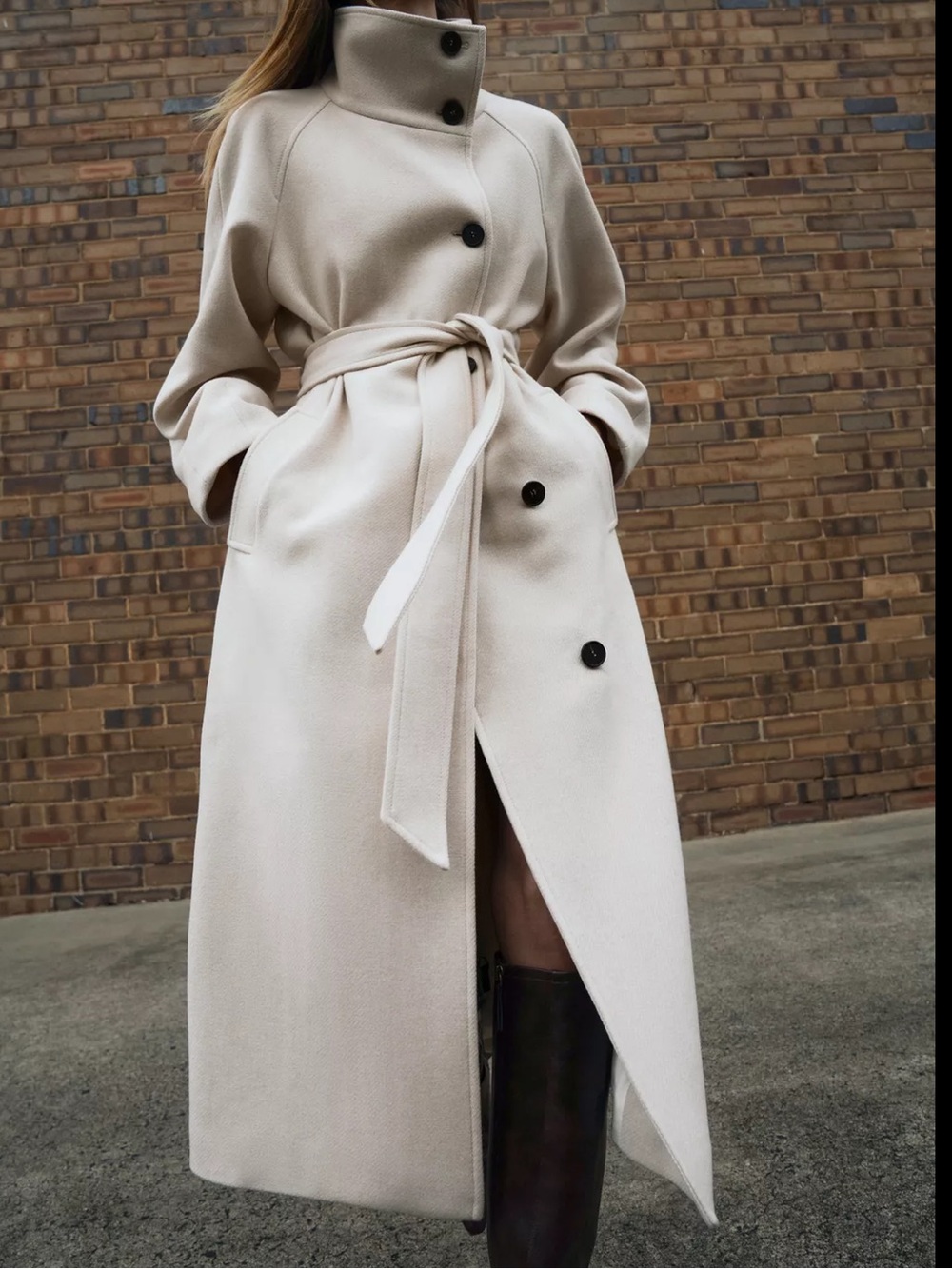 Zara Cream Long Belted Wool Coat with High Collar and Black Buttons - Picture 2 of 4